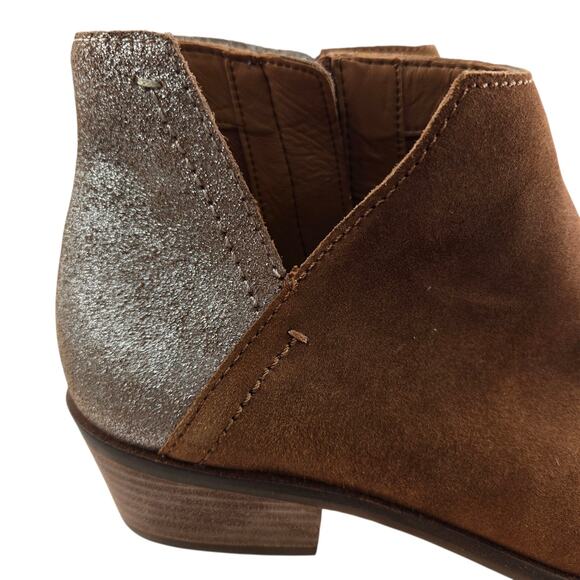 Frye Caden Ankle Boots Womens 9.5 M Cognac Brown Suede Metallic Beige Low Heel - Picture 2 of 11